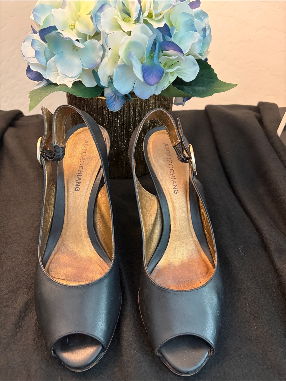 Arturo Chiang Black Peep-Toe Slingback Heels with Gold Insole